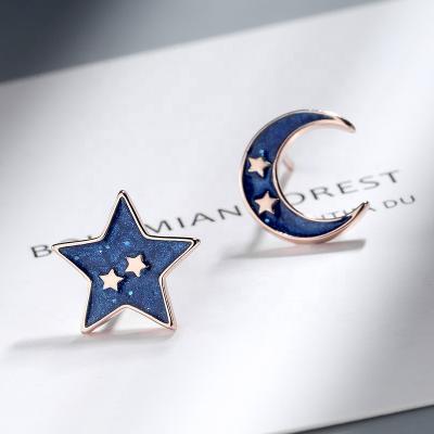 China 925 Sterling Silver Jewelry Asymmetric Enamel Cute Minimalist Moon Star Stud Earrings for sale