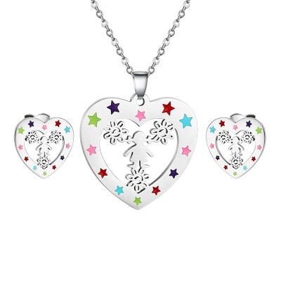 China Stainless Steel TRENDY Girl's Enamel Fashion Heart Earrings Pendant Necklace Set Jewelry for sale