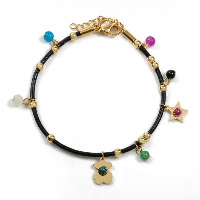 China Black Leather Cord Gold Or Silver Stainless Steel Jewellry / Charm Bracelets For Girls for sale