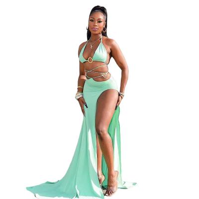 China 2022 Fashion Summer QUICK DRY Beach Set Sexy Bra Bandage Slit Fork Maxi Skirt Women Two Piece Set for sale