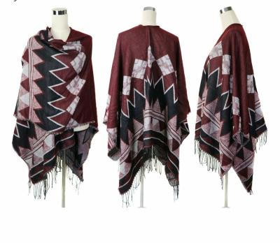 China Elegant Cashmere Shawl Poncho Cape Design Two Color Vintage 60%Acrylic Tribal Pattern For Winter Autumn for sale