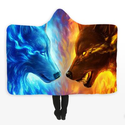 China Wearable Printed Sherpa Hooded Blanket Warmer Plush Adult Hooded Cheerleading Blanket for sale