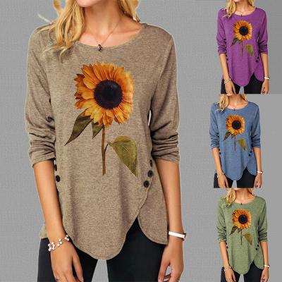 China 2021 Autumn Sunflower Print Breathable Wholesale Custom 100% Cotton Long Sleeve T-Shirt for sale