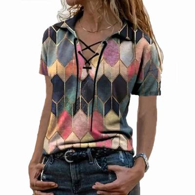 China European and American women's new casual top loose print QUICK DRY V-neck short-sleeved lace-up T-shirt for sale