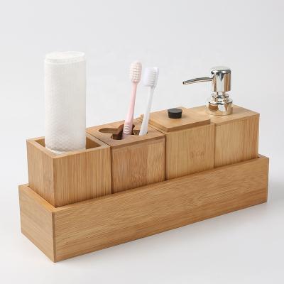 China Sustainable 5 Pieces Bath Caddy Bamboo Wood Tray Bathroom Accessories Set for sale