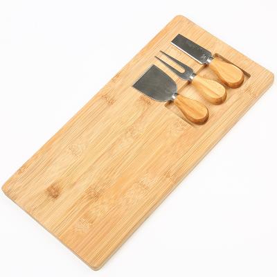 China Good Viable Design Rectangle Bamboo Cheese Tray Charcuterie Platter Serving Board with 3 Pieces of Knife Set Stainless Steel for sale