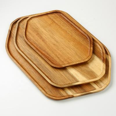 China 2021 Sale High Grade Acacia Wooden Kitchen Tableware Hexagon Tray Set of 3 for Appetizer and Breakfast Cake Serving Dish Wooden Dish for sale