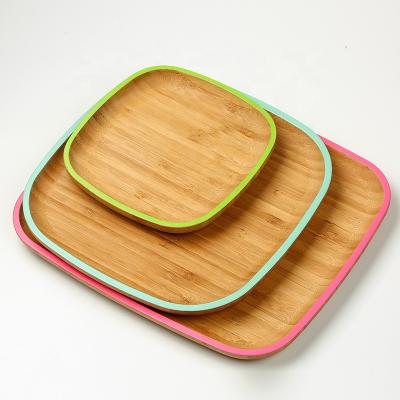 China Wholesale Kitchenware Cheap Square Tray Dish Bamboo Wooden Serving Dish With Color Rim For Appetizer Snacks Cake Nuts And Breakfast for sale