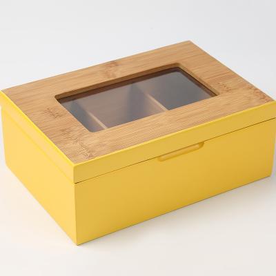 China Customized Viable Color Natural Bamboo Wooden 3 Compartment Organizer Box Coffee Tea Bag Display Storage Box With Clear Lid Color Edge for sale