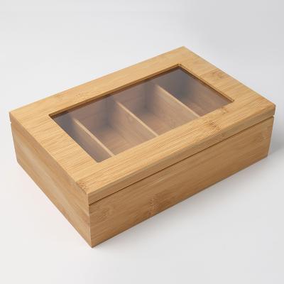 China Viable Hot Selling Large Rectangle Bamboo 4 Compartments Tea Bag Storage Organizer Box With Hinged Lid Easy View Clear Window Top for sale