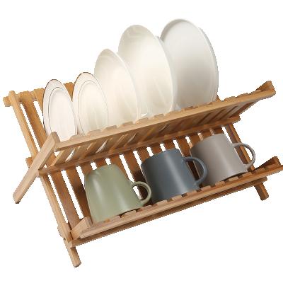 China Wooden Foldable Countertop Natural Kitchen Dish Rack and Dish Storage Rack Foldable Bamboo 2 Layer Folding Dish Drying Rack for sale