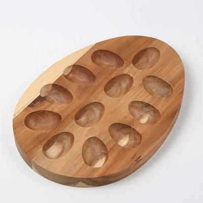 China Worktop Rustic Shape Acacia Wooden Egg Racks and Fridge Trays for 12 Dozen Holes Storage Container Egg Rack for sale