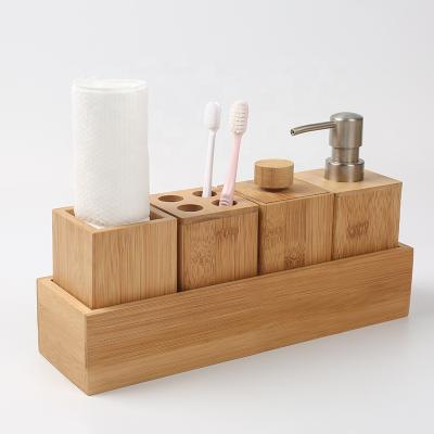 China Fancy 5Pcs Soap Dispenser Cup Wooden Toothbrush Holder and Tray Set High Quality Natural Viable Bamboo Bathroom Accessories for sale