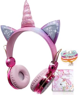 China Powerful Stereo Bass Kids Wireless Headphones for Kids Unicorn Bluetooth Headphones w/ Microphone Adjustable Headband Over On Ear Headset Earpiece for sale