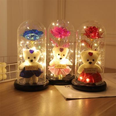 China Valentine Women Mothers Teachers Day Artificial Rose Glass Flower Christmas Ornament Gold Foil LED Light Dome Celebration Bear Creative Gift for sale