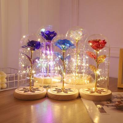 China Celebratory Synthetic Glass Dome Gold Foil Flower With Led Light Rose Valentines Women Mothers Teachers Day Christmas Creative Decoration for sale