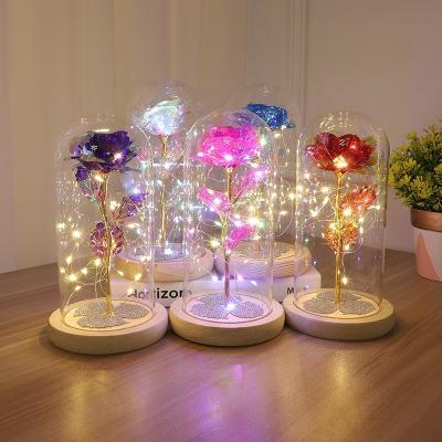 China Celebration Flower Glass Cover Artificial Preserved Gold Foil Rose With Led Warm Light Womens Valentines Mothers Day Christmas Gift Plant for sale