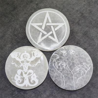 China China New Product High Quality Five Star Crystal Carved Round Selenite Slice Decoration for sale