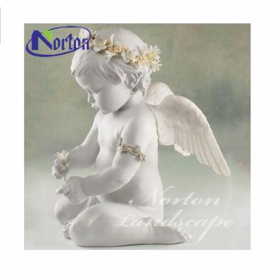 China Modern Home Decor Garden White Marble Carved Stone Little Angel Sculpture Figurine Sitting Cherubs Statues for sale