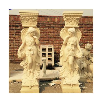 China Solid Good Quality Antique Pillar Yellow Natural Stone Square Marble Column With Beautiful Woman Statue for sale