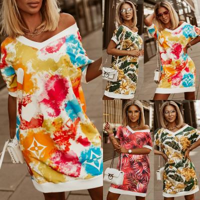 China European and American T-shirt style S-2XL anti-static women's fashion dress summer loose short sleeve double V-neck dress for sale