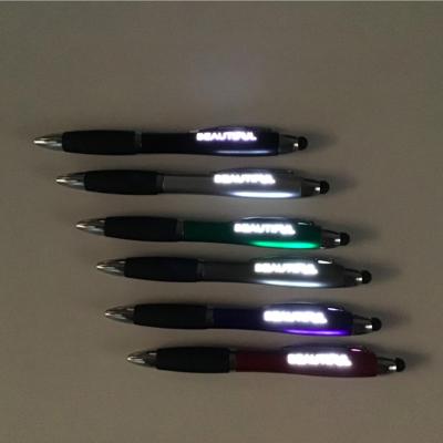 China Cheap Multifunction Plastic Press Pen Touch Screen LED Laser Light Promotional Soft Advertising Ball Pens for sale