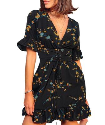 China Anti-Wrinkle Wrap Ladies Fashion Dresses Women Clothing Vendor Dress Sun Body On Chest Floral Wrap Women's Summer Casual Outfits for sale