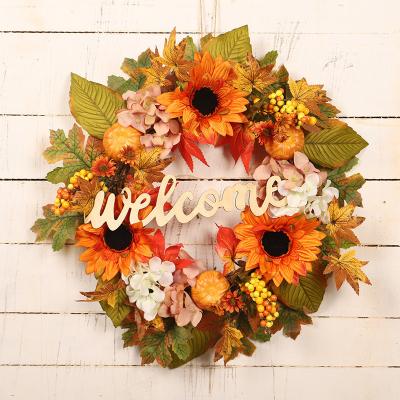 China American Style Factory Spell Thanksgiving Decoration Autumn Color Sunflower Wreath Simulation Hydrangea Pumpkin Name Plate Garland Door Hanging for sale