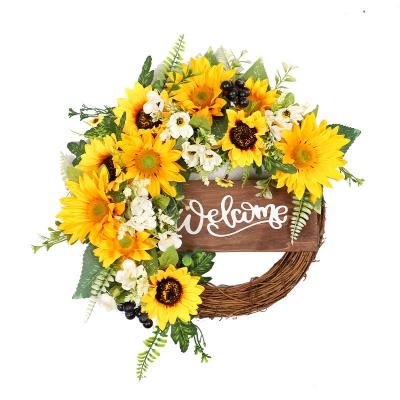 China Sunflower Newly Designed High Quality Wooden Artificial Sunflower Spring Welcome Door Sign and Summer Home Decor Garland for sale