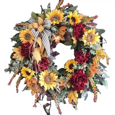 China Wholesale Simulation Cloth Sunflower Door Window Hanging Wall Decoration Gift Sunflower Hanging Wreath for sale