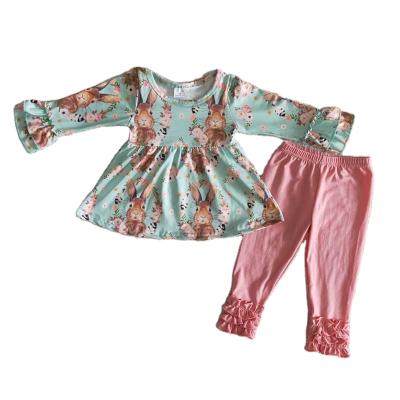 China Formal Easter Day Toddler Babies Clothes Green Bunny Print Long Sleeve Tops Along With Pink Long Pants 2 Pieces Fashion Outfits Girl for sale