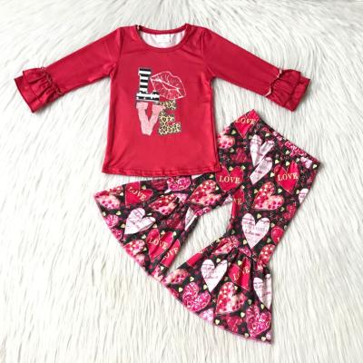 China Formal Red Bottom Love Bell Bottom Pants Kids Long Sleeve Valentines Day Dressing Set Girls Two Piece Outfits for sale