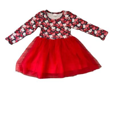 China New Formal Valentine's Day Style Spring Babies Wear Red Long Sleeve Heart Dresses Mesh Clothes Print Toddler Girl Wear Dresses for sale