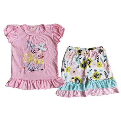 China Formal Easter Set Pink Puff Sleeve Short Sleeve Cross Ruffle Shorts Kids Clothing Summer Baby Clothes for sale