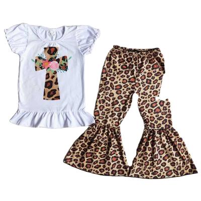 China Formal Easter Set Puff Sleeve White Cross Leopard Bottomn Pants Girls Boutique Outfits Kids Clothing Summer for sale