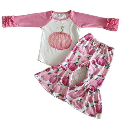 China Wholesale Vintage RTS Pink Pumpkin Pattern Halloween Bell Bottom Pants Girls Autumn Clothing Exquisite Long-sleeved Baby Clothes for sale