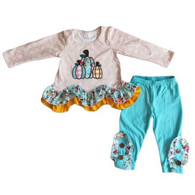 China Vintage RTS Babies Fall Pumpkin Embroidered Design Ruffle Tunic Kids 2pcs Wholesale Boutique Outfits Kids Floral Legging Sets for sale