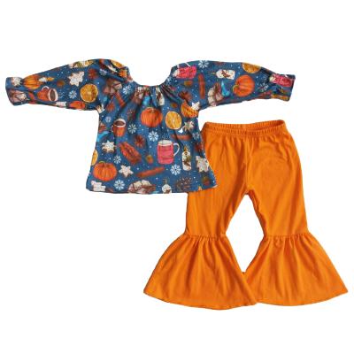 China Wholesale New Vintage RTS Baby Pumpkin Floral Long Bottom Bell Bottom Floral Shirt RTS Top Pants 2 Pcs Outfits Kid Clothing Set for sale