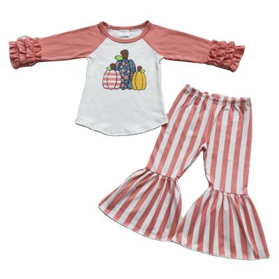 China Vintage Halloween Babies Clothing Print Pumpkin Ruffles Sleeves Pink Stripe Bell Bottoms Sets Boutique Kid Outfits Rts for sale