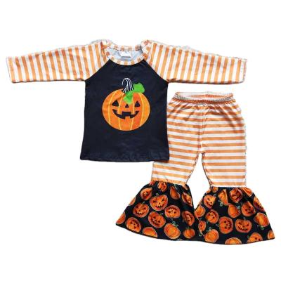 China Formal Kids Clothes Girls Striped Long Sleeves With Pumpkin Print And Bell Bottom Halloween Boutique Outfits for sale