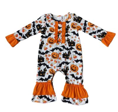 China Wholesale Halloween Baby Pumpkin Candy Orange Breathable Romper Newborn Infant Kids Ruffle Pants Jumpsuits Kids Clothes for sale