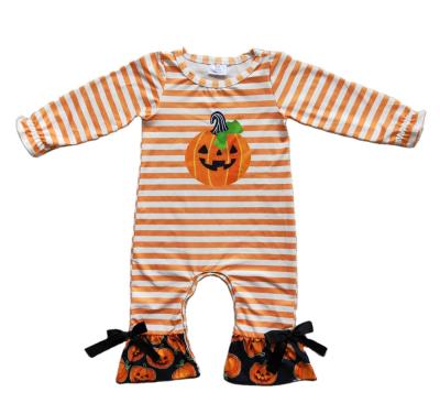 China Wholesale RTS Halloween Breathable Baby Romper Pumpkin Orange Striped Clothing Newborn Infant Kids Ruffles Overalls Kids Clothes for sale