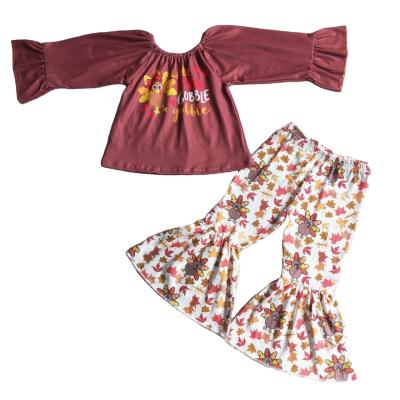 China Formal Thanksgiving Day Babies Clothes Long Sleeve Turkey Top Fallen Leaves Print Bell-Based Pants Toddler Baby Outfit for sale