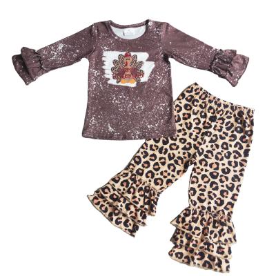 China Formal Thanksgiving Day Babies Clothes Long Sleeve Turkey Tops Leopard Lace Print Bell-Based Pants Baby Fashion Outfits for sale