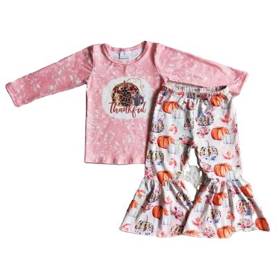 China Wholesale Casual Fashionable Pink Dye Pumpkin Tie Dye Thanksgiving Babies Fall Winter Autumn Winter Top Bells Pants Set Kid Outfit Clothes for sale