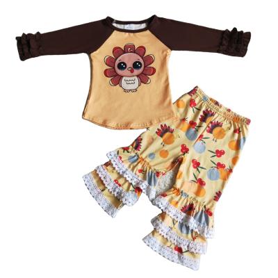 China QUICK DRY Thanksgiving Day Outfits For Toddler Girls Kids Turkey Designer Long Sleeve And Ruffles Lace Up Bell Bottoms Clothing Sets for sale