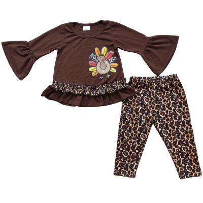 China Wholesale Casual Turkey Thanksgiving Outfit Cute Dark Brown Bell Sleeve Ruffle Shirt Leopard Pants Autumn Winter Sets for sale