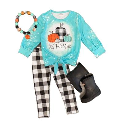 China Fashion Thanksgiving Casual Wholesale Baby Girl Autumn Winter Clothing Blue Sleeves Pumpkin Tie Dye Plaid Pants Set Kid Outfit Clothes for sale