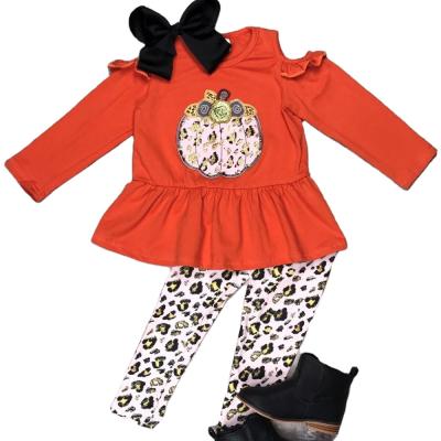 China Fashion Casual Wholesale Baby Autumn Winter Clothing Orange Sleeves Pumpkin Shirt Leopard Pants Set Kid Outfit Toddler Clothes for sale