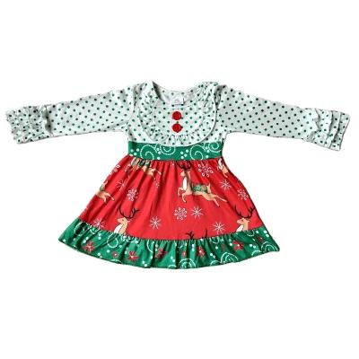 China Wholesale Washable Baby Reindeer Christmas Clothes Boutique Green Infant Twirl Dots Deer Fall Winter Children Red Ruffle Dress for sale